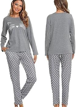 Pyjama met kattenpatroon met lange mouwen, dames, huiskleding, schattige kattenstippen, pyjama voor vrije tijd thuis, Zwart, L