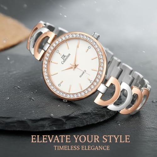 Image of IIK COLLECTION Watches for Women Round Studded Dial |Analogue Quartz Movemnet Ladies Watch|Long Battery Life|Stainless Steel Adjustable Bracelet Chain Strap|Double Lock Clasp Safety Watches for Girls