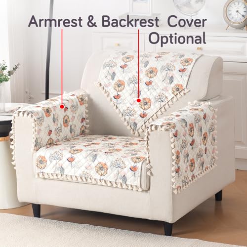 Image of HOKIPO Wildflower Breeze Quilted Sofa Cover Mat with Tassels for 1 Seater 'Tassel Twigs' Series (IN-982-T7)