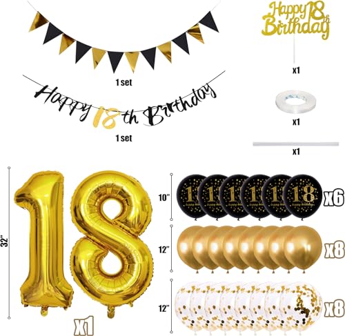 Image of Jobkoo 18th Birthday Decorations, Black Gold 18th Birthday Party Decoration for Boys Girls Golden Black 18th Balloons Cake Topper 18th Banner for 18 Year Old Party Supplies