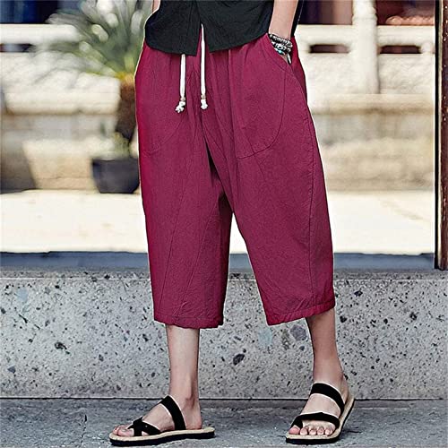 Maiyifu-GJ Men's Baggy Linen Capri Pants Loose Fit Yoga Drawstring Beach Pants Casual Wide Leg Below Knee Harem Pants4