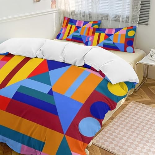 Geometric Modern Duvet Cover Set, Colorful Abstract Pattern, White Reversible