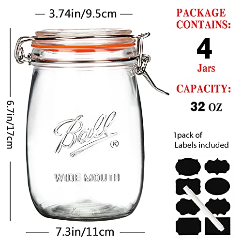 Anwoi Wide Mouth Glass Jars with Airtight Lid 32OZ 4 Pack, Kitchen Storage Large Clear Canister Jars with Hinged Lid with Measurement Marks For Canning,Coffee,Flour,Sugar,Beans