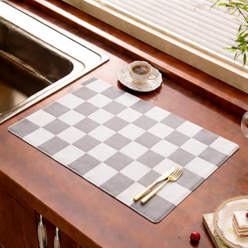 Image of HomeCloud Dish Drying Mat for Kitchen Counter Hide Stain Super Absorbent, Non-Slip, Heat-Resistant, Great for Dishes,Rack Pad, Kitchen Counter, Coffee Maker, Coffee Item (Chess Grey, 50x40cm)