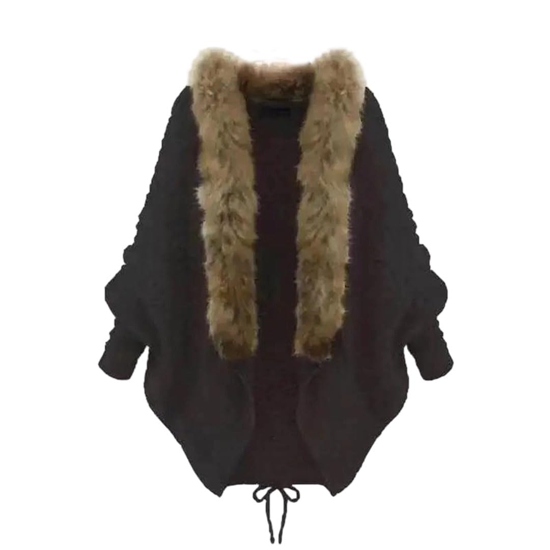 Women Cardigan Sweater Thick Poncho Capes Autumn Winter Knitted Bat Sleeve Fur Collar Wool Sweater