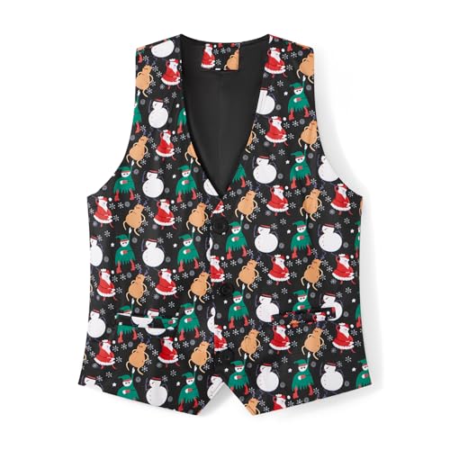 Men's Christmas Suit 3 Piece Slim Fit Xmas Printed Blazer Jacket Pant Vest Formal Dress Party Prom Outfits (#1-Black Snowman, M)4