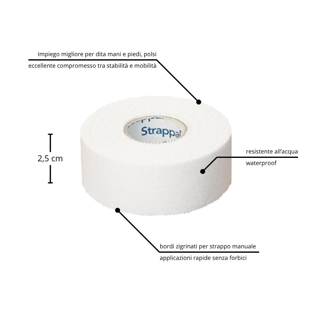 Strappal nastro taping sportivo anelastico professionale tape zigrinato all’ossido di zinco per bendaggi funzionali, stabilizzazione articolare, fisioterapia e sport | latex free | 2,5 cm x10 m 12 pz
