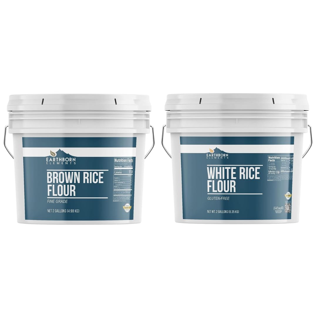 Earthborn Elements Brown Rice Flour and White Rice Flour Bundle, 2 Gallon Buckets Each, Gluten-Free Flour Alternatives, Baking