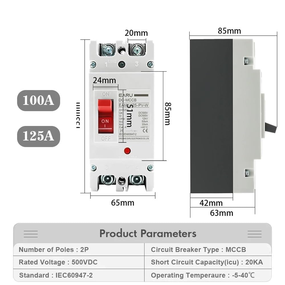 Interruttore Magnetotermico Interruttore di Protezione da sovraccarico con Scatola Stampata Solare DC 250V 500V DC for Solare fotovoltaico PV 100A 125A Interruttori Automatici(1P,125A)