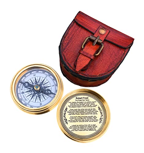 Brújula de latón antiguo con estuche de cuero miniatura 1