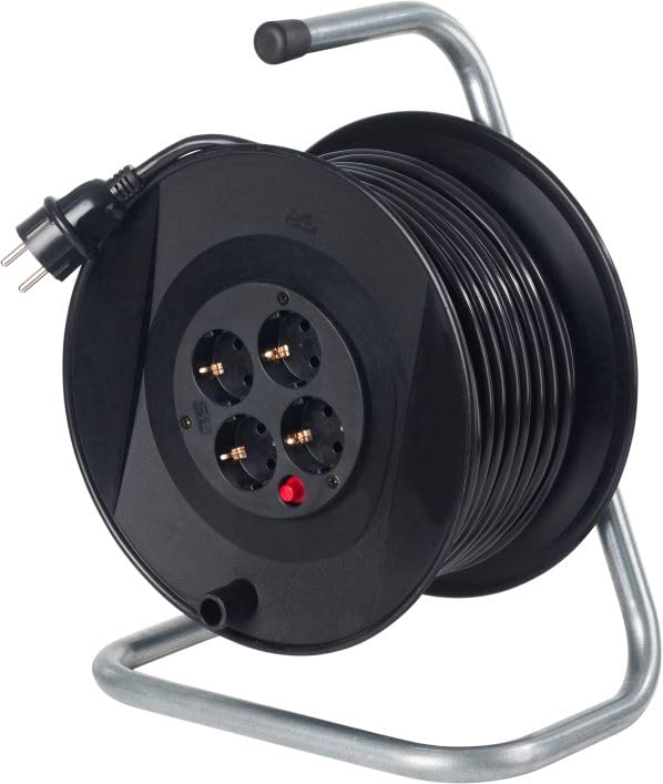 as - Schwabe Kabeltrommel 25m, IP20 innen, 4-fach, Thermoschutzschalter, schwarz