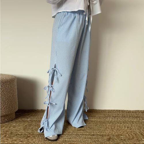 Image of Y2K Gingham Pants for Women Bow Tie Side Slit Wide Leg Lounge Bottom Plaid Checkered Loose Fit Going Out Pants