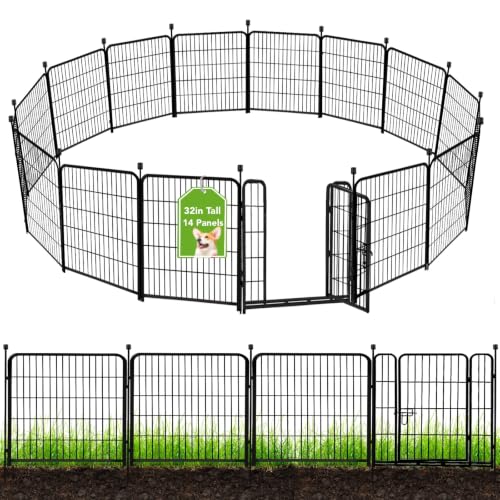 Image of ADAVIN Garden Fence with Gate 32in(H) x 31 ft(L),14 Panels Black Heavy Duty Iron Metal Animal Barrier Fence, Indoor&Outdoor Dog Playpen, Camping Fence, No Dig Garden Border Fencing for Yard