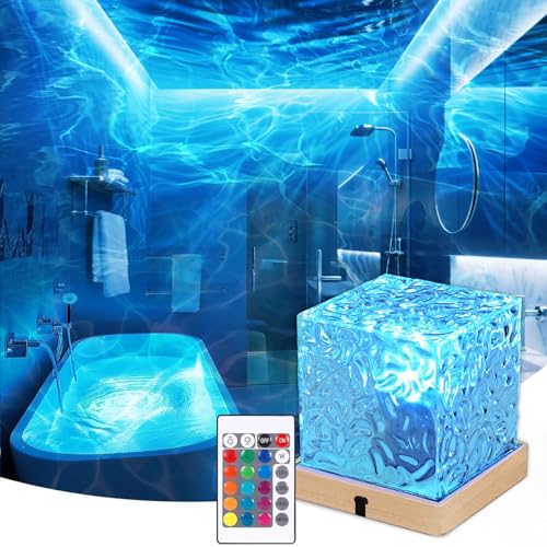 Rechargeable Shower Lamp 16 Color Northern Light Projector Sensory Lights Changeable Ocean Wave Galaxy with Remote Mood Cordless Cube Lamp Waterproof Flame Water Lights for Bathroom Gifts for Women
