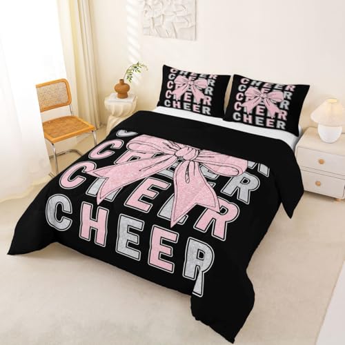 Image of Feelyou Cheer Comforter Set Full Size Pink Bowknot Bedding Set for Kids Boys Girls Sport Cheerleader Duvet Quilt Cheerleading Bedroom Decor Microfiber 3 Pcs with 2 Pillow Cases
