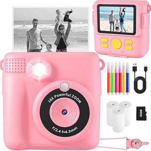 Appareil photo enfant instantané rose avec carte SD 32Go et rouleaux de papier
