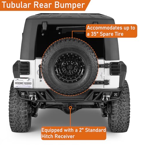 Image of Hooke Road JK Tubular Rear Bumper for 2007-2018 Jeep Wrangler JK & Unlimited 2 /4 Doors, Rock Crawler Offroad Bumper w /Hitch Receiver & D-rings