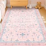 Pink Rugs for Bedroom Girls, 5x7 Washable Area Rug for Living Room Nursery Kids Baby Playroom Indoor Decor, Oushak Floral Vintage Low Pile Boho Non Slip Foldable Carpet