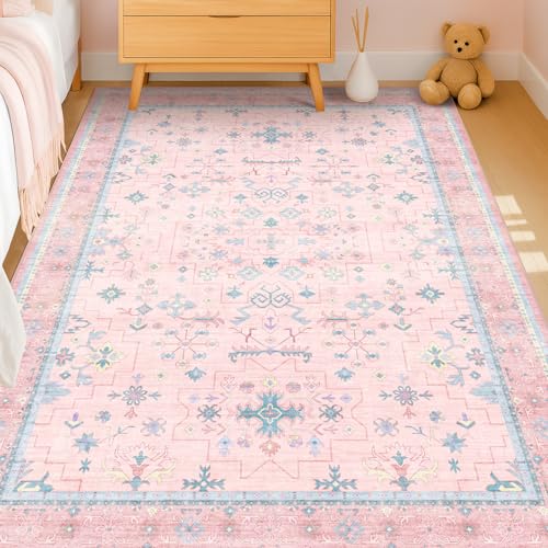Pink Rugs for Bedroom Girls, 5x7 Washable Area Rug for Living Room Nursery Kids Baby Playroom Indoor Decor, Oushak Floral Vintage Low Pile Boho Non Slip Foldable Carpet