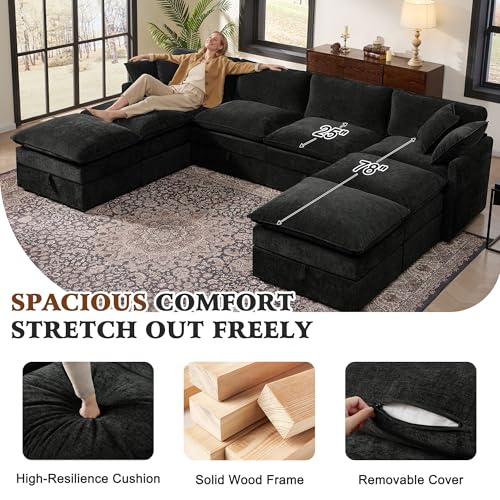 Image of Ihanherry 135 inch Oversized Sectional Sofa Bed with Storage, 8-Seater Modular Cloud Couch with Movable Ottomans, Chenille Deep Seat Sleeper Couches for Living Room (Black)