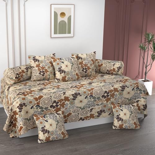 Image of COVE & HUES Cotton Diwan Set Covers |8 Pieces Diwan Cover Set|300 TC Fabric| Pure Cotton Printed Deewan Set (1 Single Bedsheet, 2 Bolster Covers, 5 Cushion Covers)|KC 00 (Beige Multi Floral)