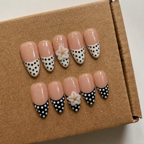 Luxury Press on Nails Medium Almond Handmade 3D Unique Reusable ABS Material Fake Nails French Tip False Nails with Floral Polka Dots Designs Black&White Glossy Glue on Nail Thick Acrylic Nail(S)
