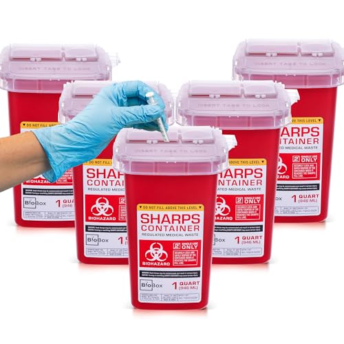 Image of Sharps Container - Small Sharps Containers for Home Use, Travel & Disposal | 1 Quart (Pack of 5), Portable, Puncture-Resistant, Dual Locking Lid, Fits Needles & Syringes