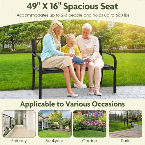 Image of Giantex Metal Outdoor Bench, Patio Garden Bench with Backrest, Curved Armrests, Slatted Seat for 2-3 Persons, 660 LBS, Heavy-Duty Outside Seating Loveseat for Yard, Porch, Park, Black