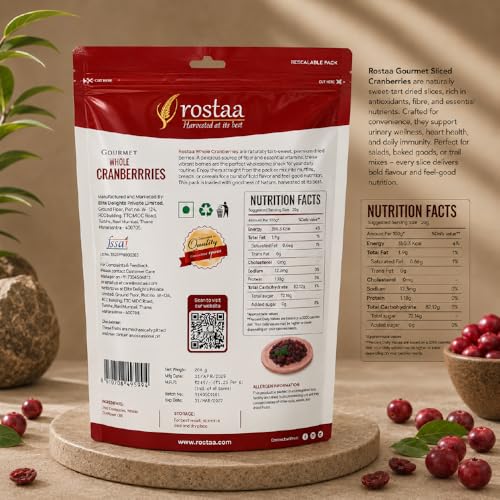 Image of Rostaa Gourmet Whole Cranberries | Premium Dried Cranberrie Rich in Antioxidants, Fiber & Vitamin C | Supports Immunity, Digestion & Heart Health | Naturally Sweet & Tangy Healthy Snack | 200g, Pack of 3 (600 GM, Whole Cranberrie )