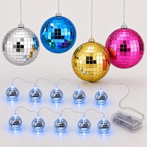 Youdepot 4-Pack Color Disco Balls and Disco Ball String Lights Bundle, Mirror Ball Ornaments for Christmas, Parties, Weddings and Room Decor image 4