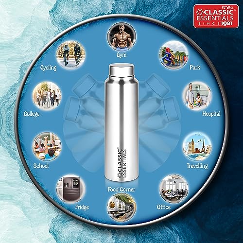 Image of CLASSIC ESSENTIALS Spring Stainless Steel Single Walled Fridge Water Bottle (1000ml,Silver) Leakproof BPA free Lids,Great For Travel,Picnic,Camping Etc.
