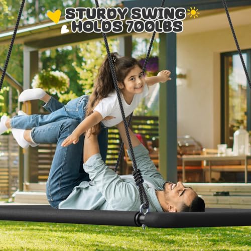 Image of Trekassy 60 inch Large Rectangle Platform Tree Swing for Kids Adults, 700lb Capacity Outdoor Flying Swing, 900D Oxford Waterproof Giant Swings with 2 Hanging Straps for Backyard- Black (Patented)