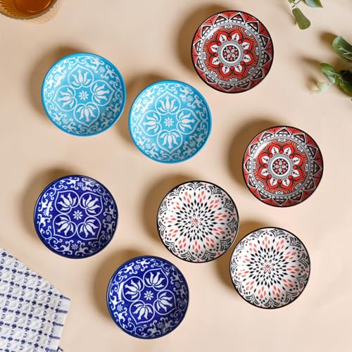 Image of Nestasia Set of 8 Small Ceramic Plates (70ml Each) | Floral Mandala Microwave & Dishwasher Safe Serving Dishes | Ideal for Appetizers, Dips, Prasad, Desserts, Sweets, Snacks and Gifting (Red & Blue)