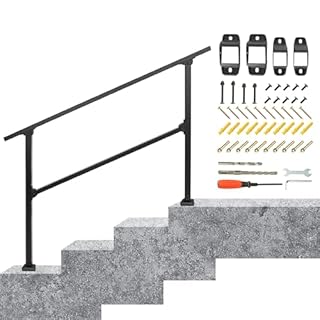 BQKOZFIN Wrought Iron Handrail, Step Handrails for Outdoor Steps, Adjustable Porch Railing Transitional Rail with Installation Kit for Concrete or Wooden Stairs (Black)