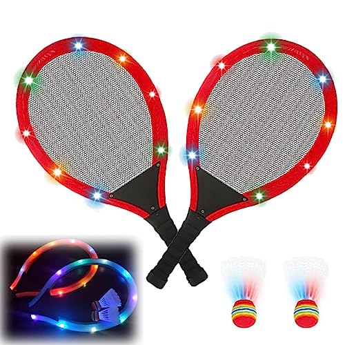 Led Light-Up Badminton Racket Set, Oversized Goose Feather Shuttlecocks for Adolescent Adults Outdoor & Indoor Sports Activities Sport,Glow in The Dark to Illuminate Badminton