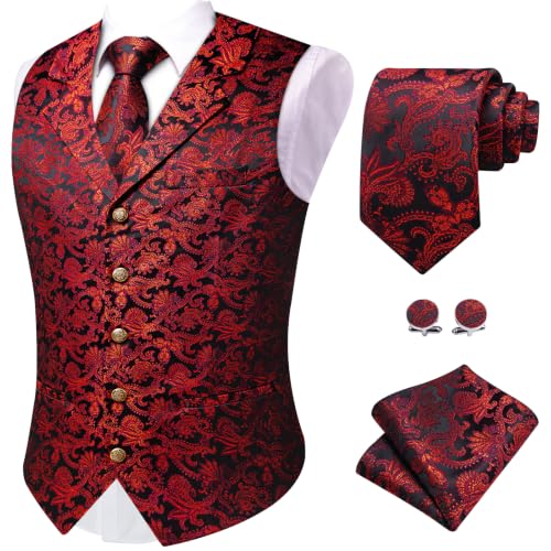 YourTies Red Vest for Men Silk Floral Waistcoat Tie Pocket Square Cufflinks