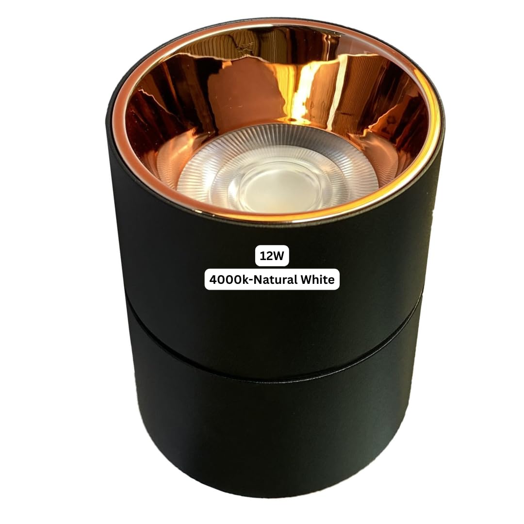 TB Technobeam Aluminium 12 Watts Surface Light Cylindrical Shape Black Body Rose Reflector Natural White -4000K Led Round Indoor Ceiling Mounted Spot Light Down Lightpack Of 1