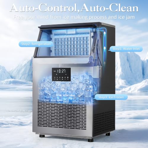 Image of Ice Maker Machine Commercial 150Lbs /24H - Freestanding Ice Maker Under Counter Ice Machine Stainless Steel, 55 Ice Cubes /Cycle, 2 Ways Water Inlet, Large Storage Bin for Bar Home Office Restaurant