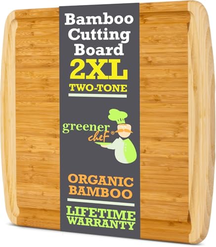 GREENER CHEF 24 Inch Bamboo Cutting Board with Lifetime Replacement - 2XL Extra Large Wooden Butcher Block for Kitchen, Stove Top, Meat, Vegetables, and Charcuterie with Deep Juice Grooves