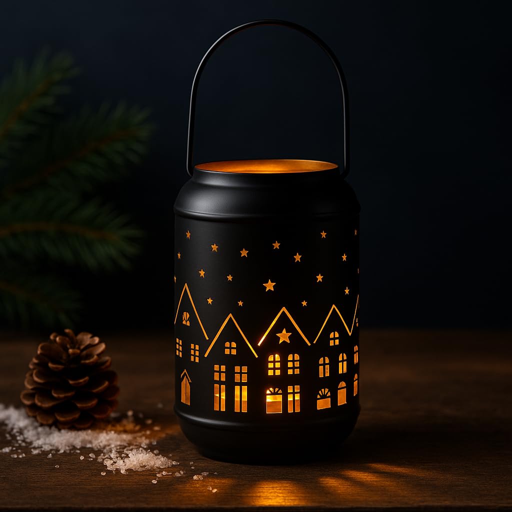 Marrakech Juego de 2 portavelas decorativas Glowtree negro y dorado, 20 cm, con diseño de casas, de metal, candelabros escandinavos, farol moderno, decoración de Adviento, decoración navideña y