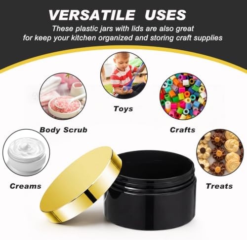 24 Pack 4 oz Black Cosmetic Jars with Gold Lids, Wide Mouth PET Containers - 5