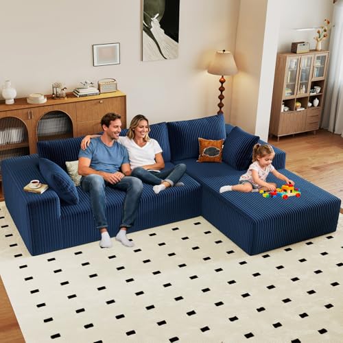 Image of 96 inch Modular Sectional Couch, Boneless L Shaped Cloud Sofa with Chaise Lounge, Corduroy Upholstered Couches Memory Foam Deep Seat, No Assembly Required, Ideal for Living Room(Blue, Right Facing)