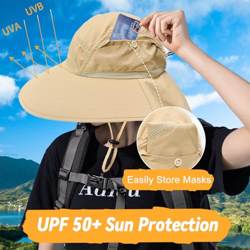 Image of Sun Hats for Men Women Detachable Face Cover Wide Brim Fishing Hats with Neck Flap UPF 50+ Outdoor Safari Hats