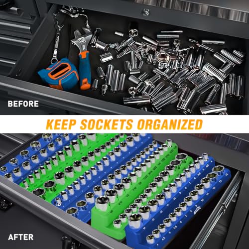 Image of GOOACC 6 PCS Magnetic Socket Organizer, Heavy Duty Socket Organizer Tray 1 /4 inch 3 /8 inch 1 /2 inch SAE & Metric Drive Sockets Holds 143 Magnetic Socket Holder for Tool Box Drawer Chest Garage Storage, Blue&Green