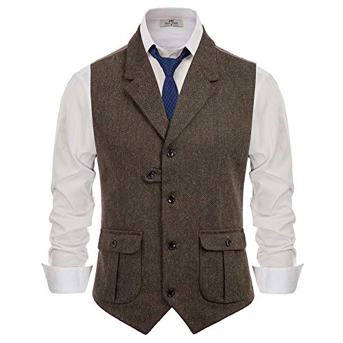 PJ PAUL JONES Mens Herringbone Tweed Wool Blend Vest Notched Collar Vintage Waistcoat Brown M