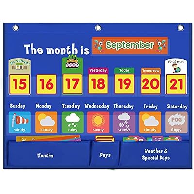 Weekly Calendar with Weather Pocket Chart Elementary for Classroom Home,98 Bright Cards Included,Learning Pocket Chart Calendar for Kids Toddlers