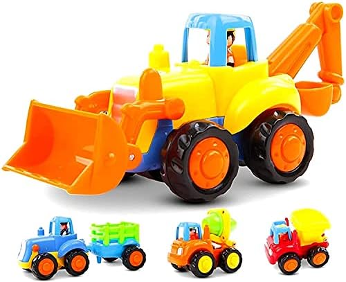 4 Pack Friction Powered Cars Set, Educational Vehicles Toy Gifts for Kids Toddler Baby 1 2 3 Year Old, Push and Go Bulldozer Tractor Dumper Cement Mixer Engineering Trucks Toys for Boys Girls Birthday