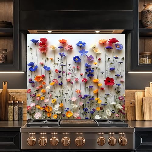Tempered Glass Backsplash, Flowers Garden Glass Backsplash, Kitchen Backsplash Behind Stove, Glass Backsplash for Kitchen Wall, Easy to Install Stove Backsplash