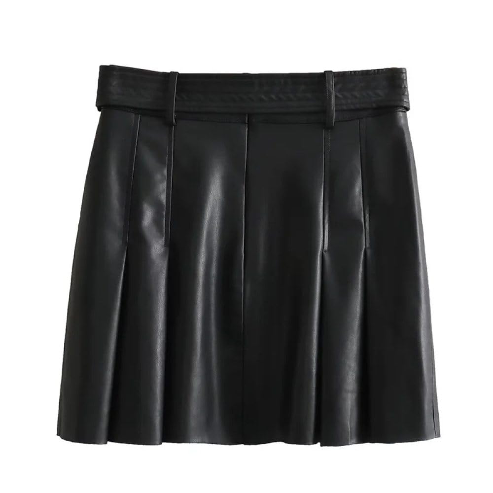 Falda Corta De Mujer - Minifalda Plisada Ancha De Cuero para Mujer, Falda Retro Americana con Cinturón, Ajustada, Lisa, por Encima De La Rodilla, De Invierno