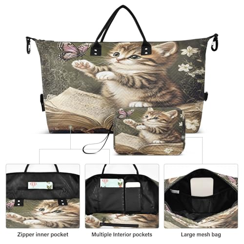 Weekender Bags Travel Duffel Gym Bag Kitten Butterfly Carry on Overnight Tote Bag with Toiletry Bag for Airplane Travel Trip Gym Yoga2
